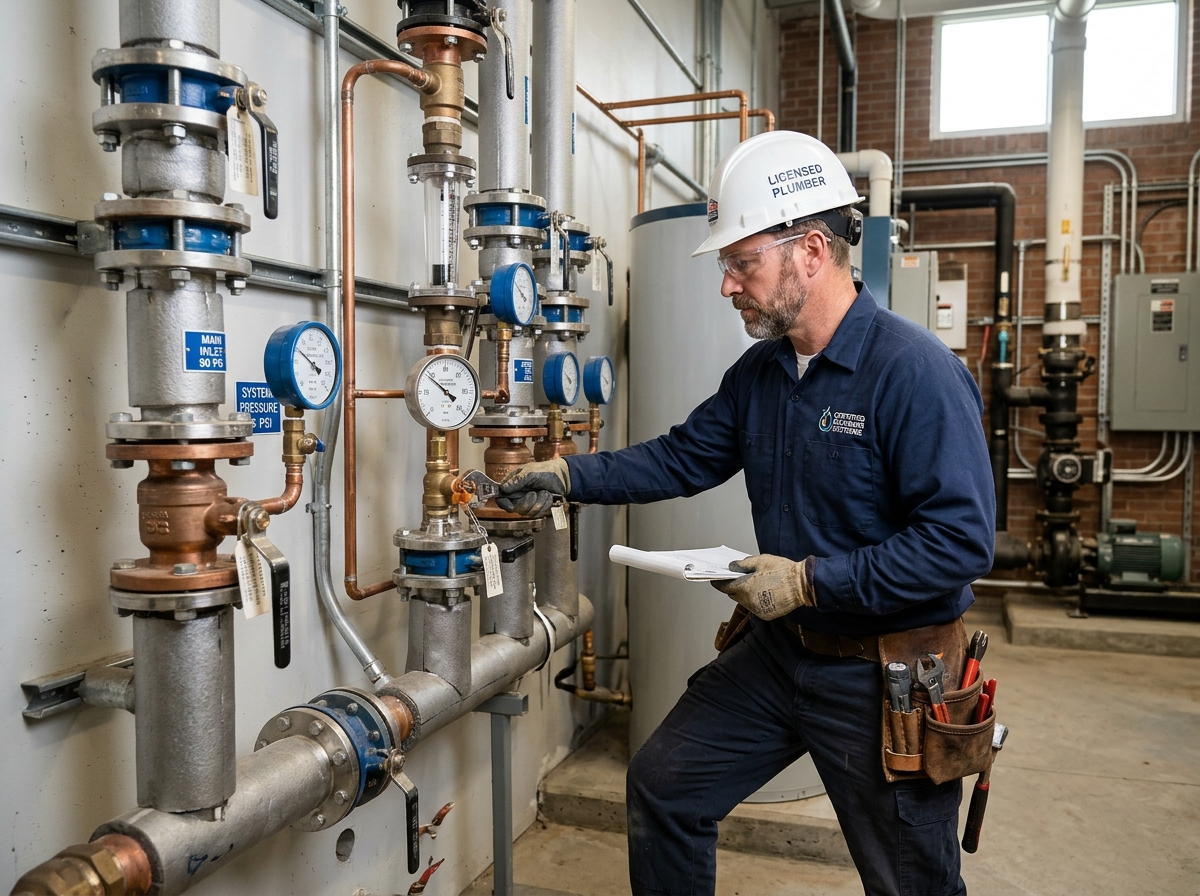 Plumbing specialist inspecting commercial water supply manifold