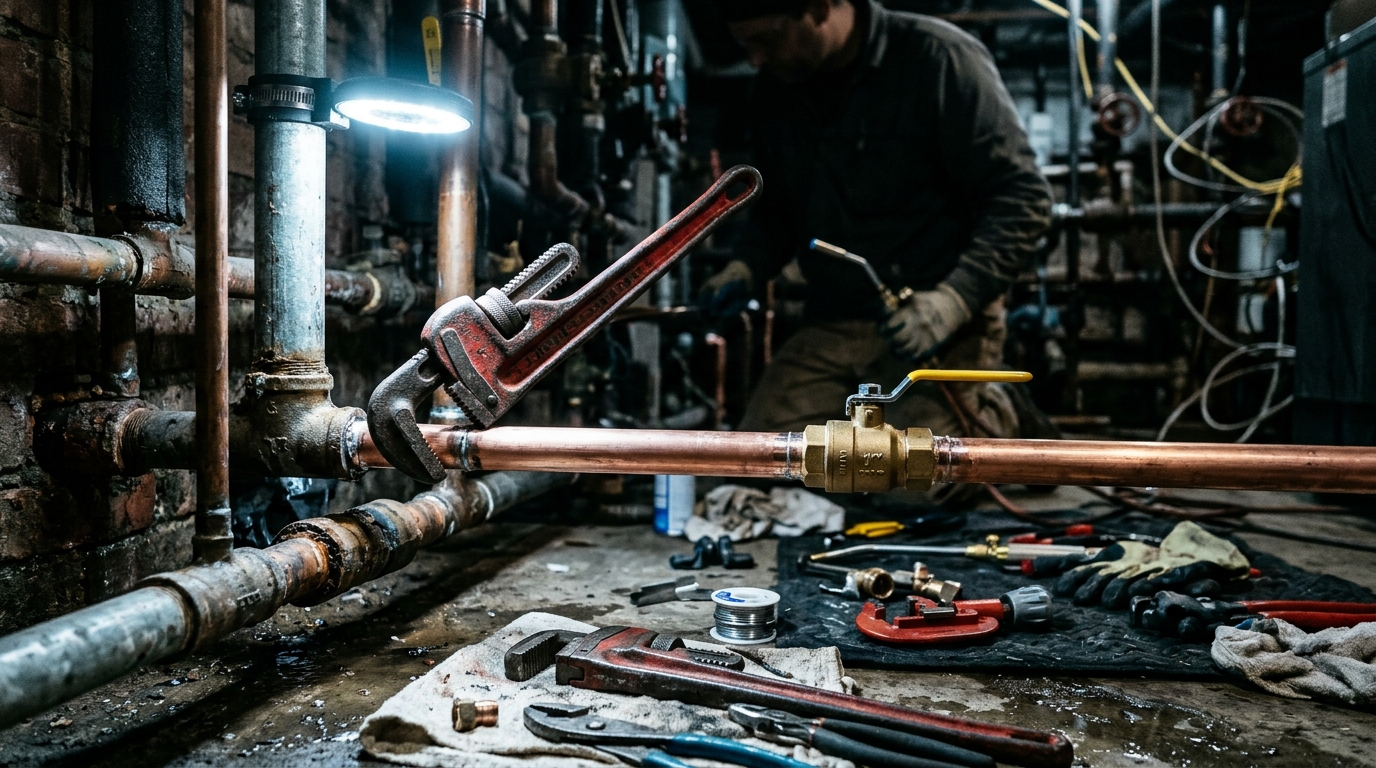 Urgent pipe repair tools and replacement copper water supply lines ready for immediate dispatch
